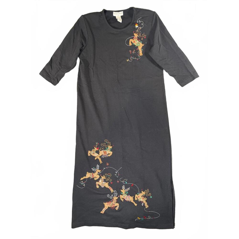Draper's & Damon's Black Long Sleeve Dress with Embroidered Reindeer Design - PS